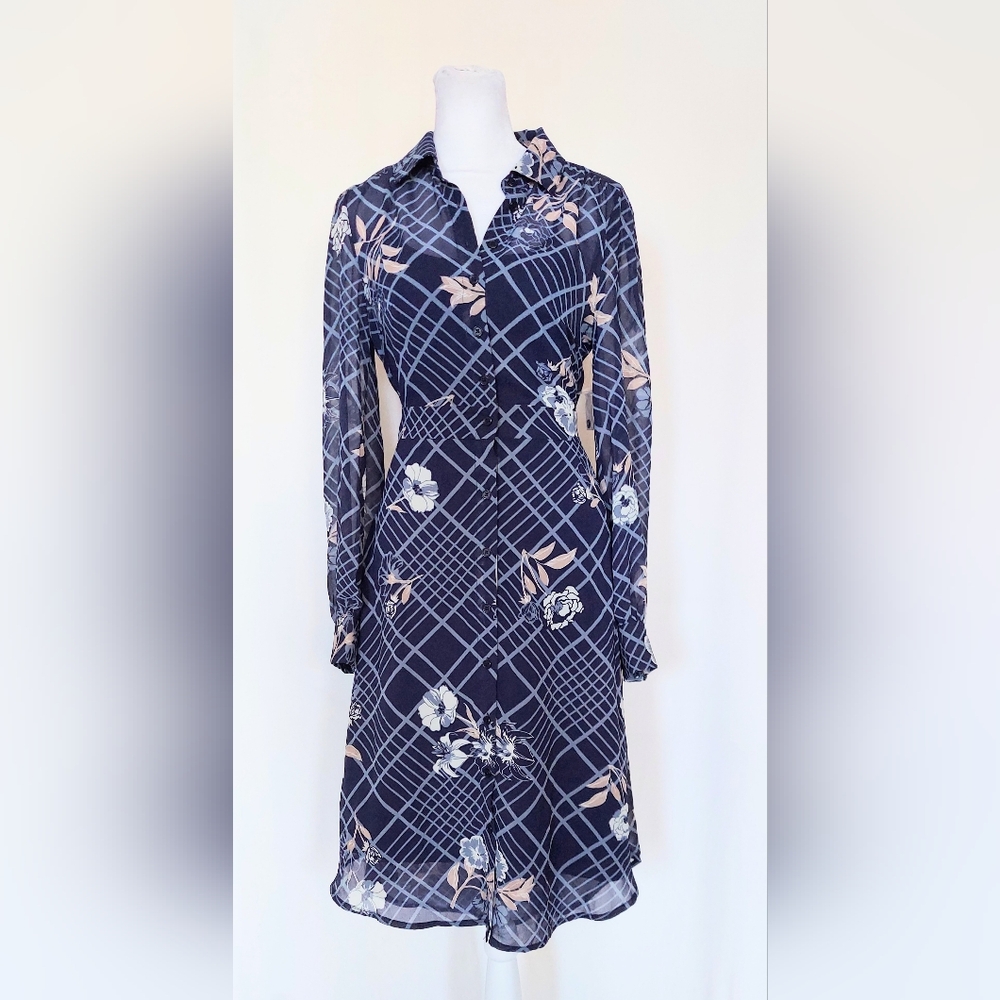 ModCloth Long Sleeve Sheer Shirt Dress Navy Blue Floral Size Small